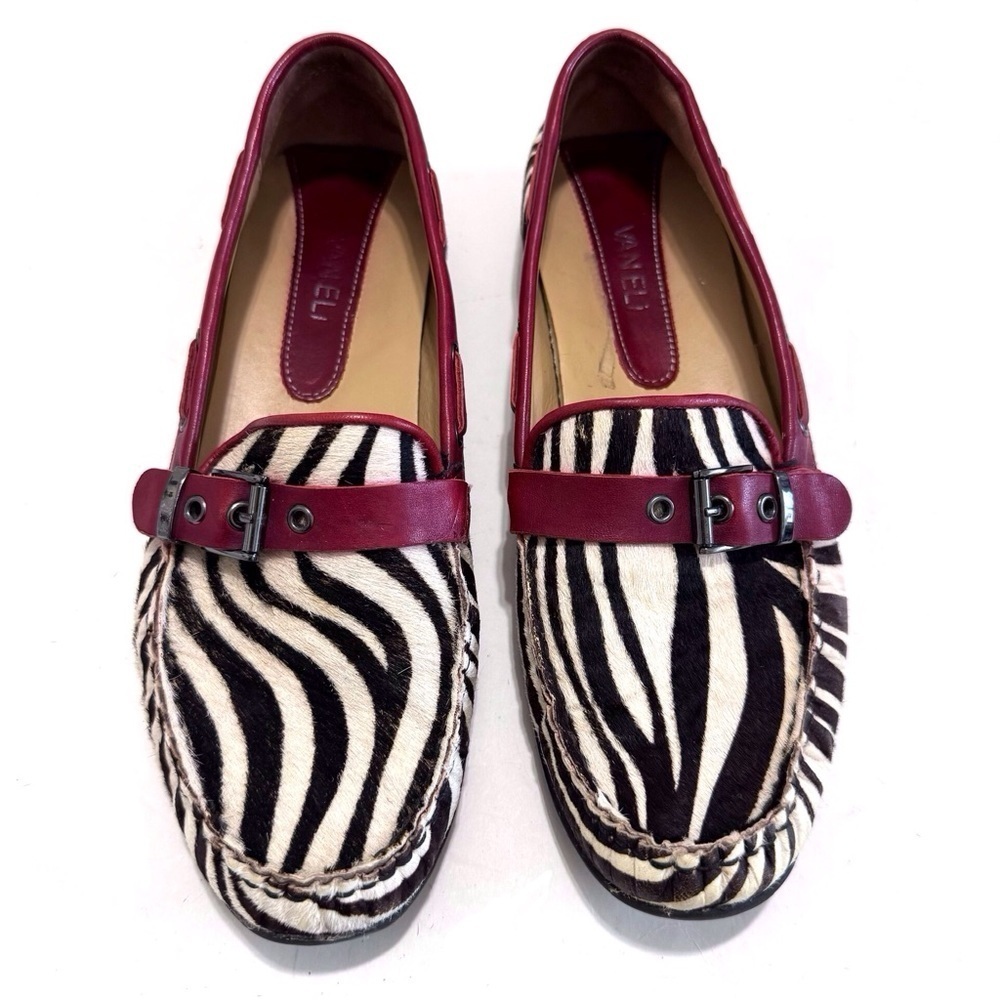 Vaneli Zebra Print Dyed Calf Hair Leather Loafers Buckle Size 9.5